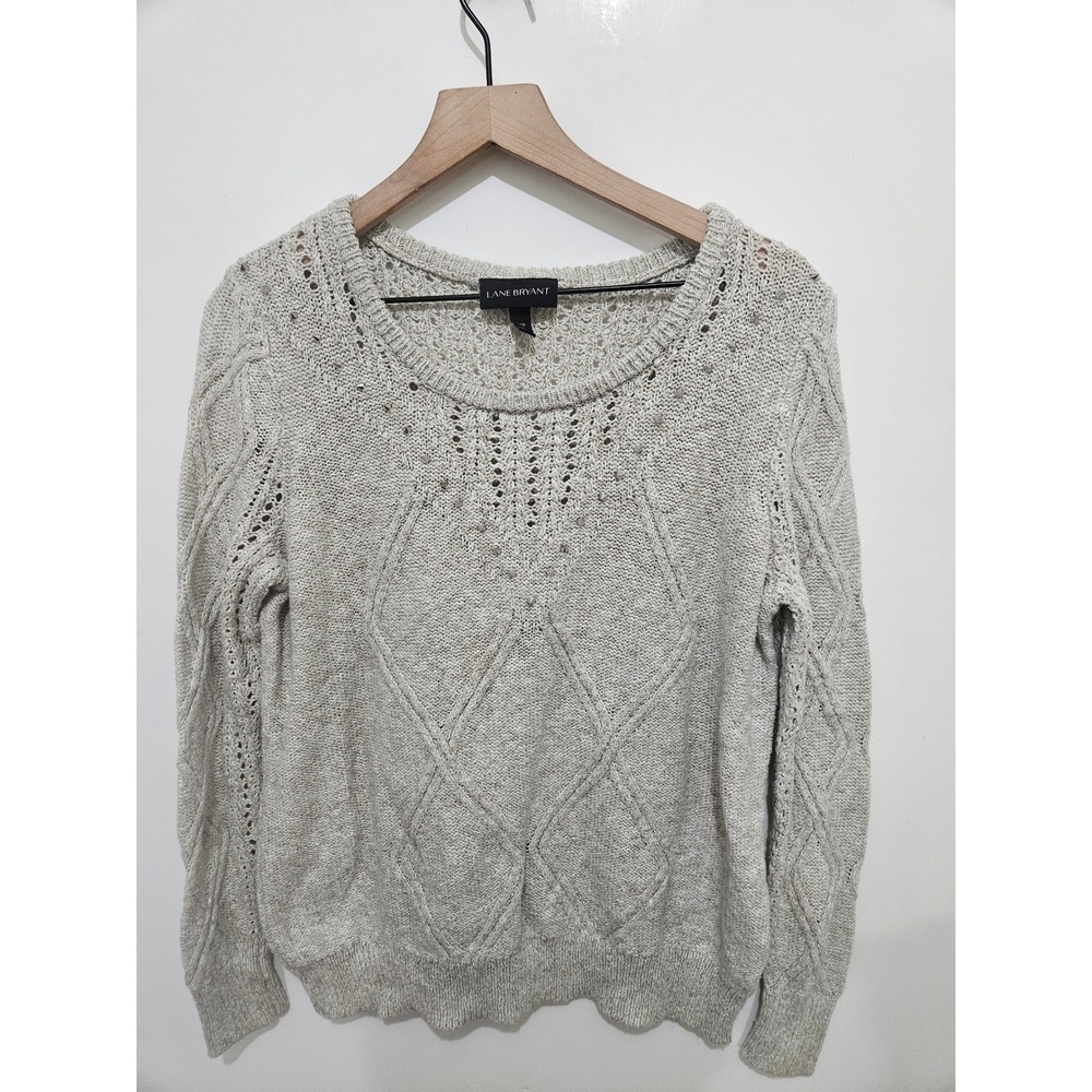 Lane Bryant Oatmeal Beige Studded Pointelle Cable Knit Sweater Womens 14/16